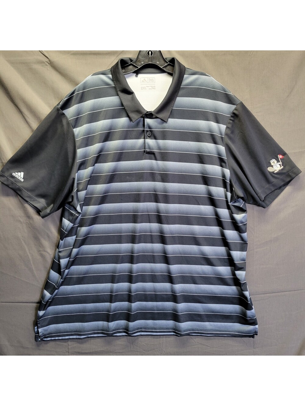 Adidas Mens 2XL Black Gray Striped Short Sleeve Golf Polo Shirt w/ Beaver Logo